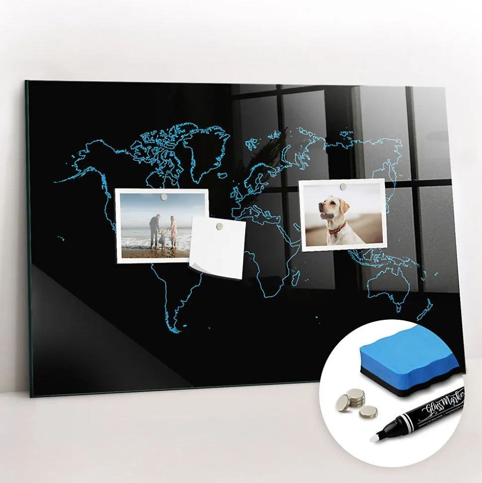 Tableau Magnétique Wallfluent 60x40 cm Contours de la carte du monde Marqueur blanc En Verre De Planification