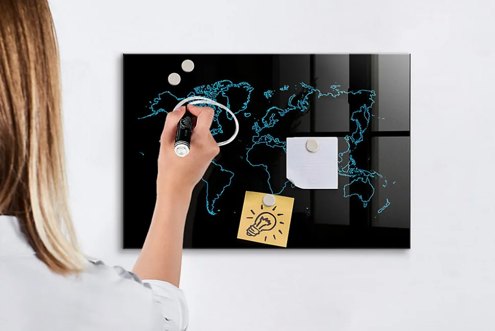 Tableau Magnétique Wallfluent 60x40 cm Contours de la carte du monde Marqueur blanc En Verre De Planification