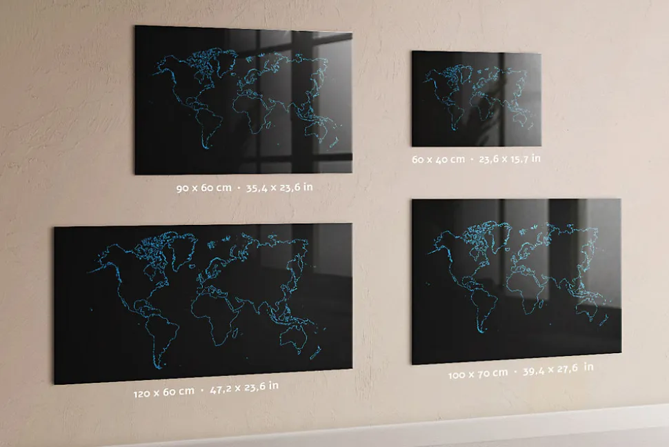 Tableau Magnétique Wallfluent 60x40 cm Contours de la carte du monde Marqueur blanc En Verre De Planification