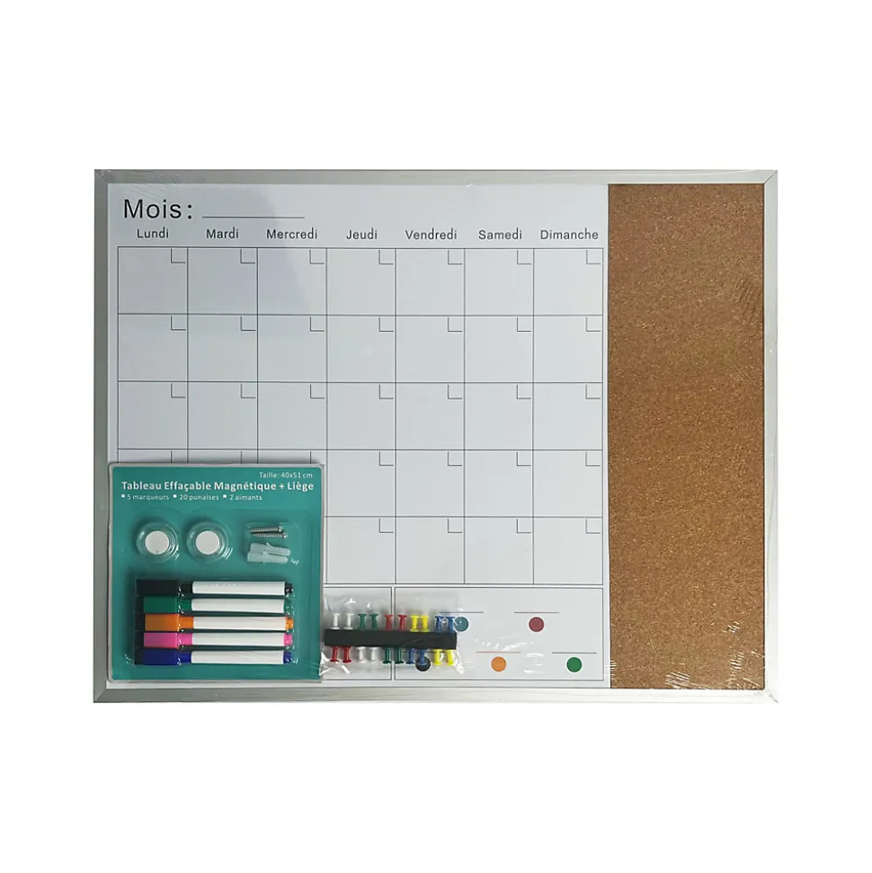 Tableau semainier effaçable magnétique et liège l.40 x H.51 cm + 5 marqueurs + 20 punaises + 2 aimants