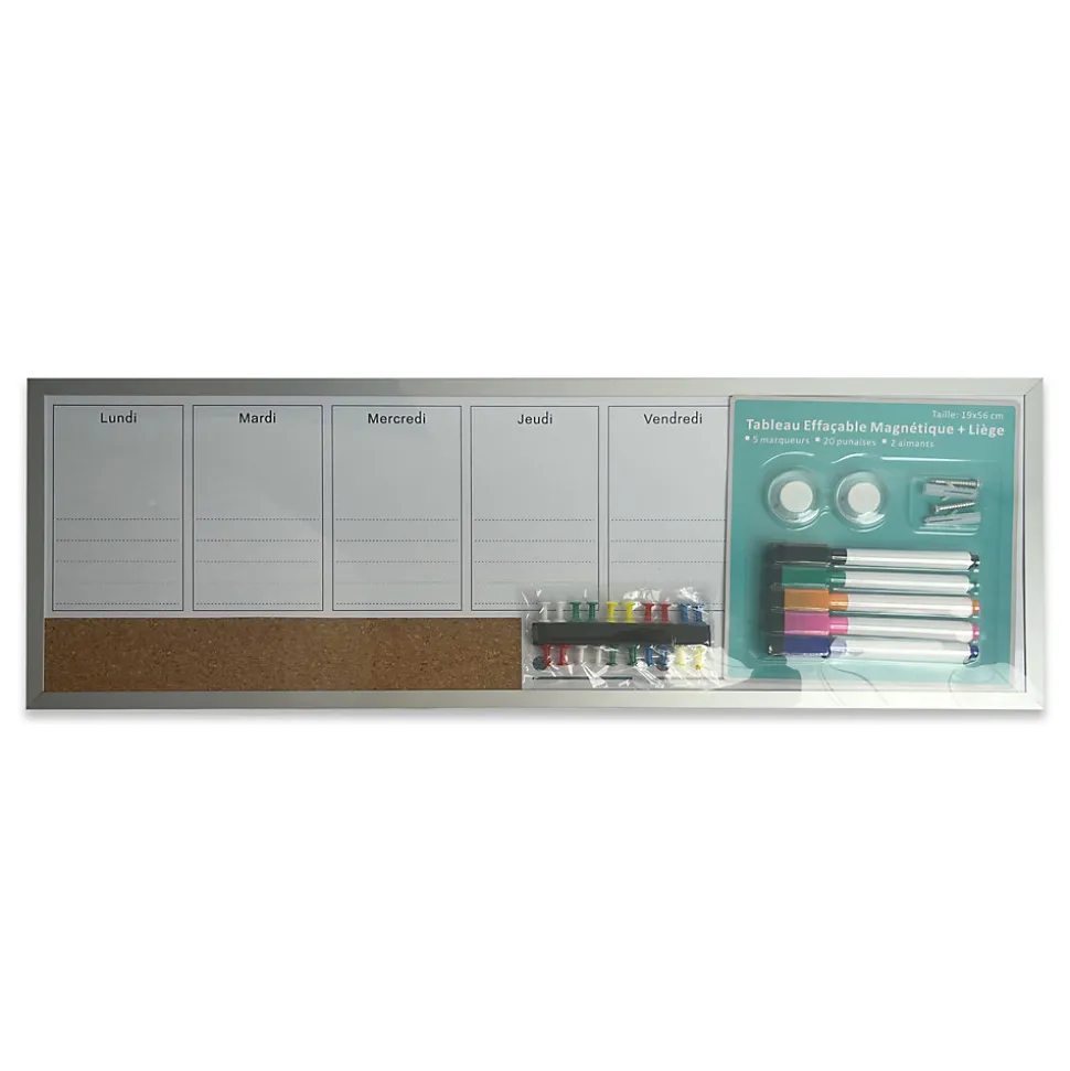 Tableau semainier effaçable magnétique et liège l.56 x H.19 cm + 5 marqueurs + 20 punaises + 2 aimants