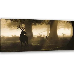 Tableau sur toile, Cerfs dans la forêt Brouillard Marron 120x40 cm