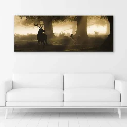 Tableau sur toile, Cerfs dans la forêt Brouillard Marron 90x30 cm