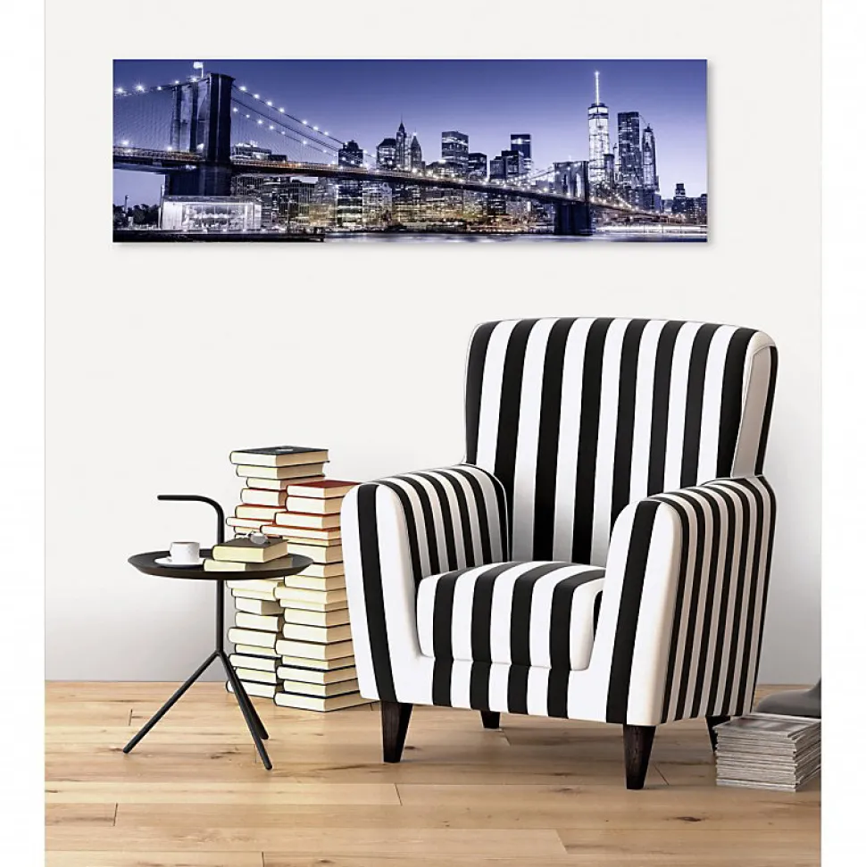 Tableau toile XXL en kit Blue Brooklyn Bridge 130 x 40 cm - Toile textile sans PVC