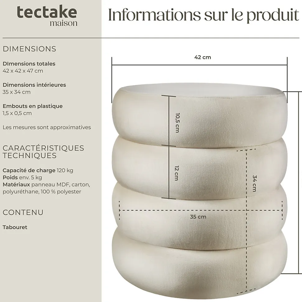 Tabouret avec espace de rangement rond 42 x 42 x 47 cm