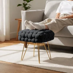 Tabouret en velours tressé rembourré 38 cm DOTTY Noir