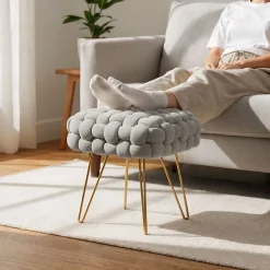 Tabouret en velours tressé rembourré 38 cm DOTTY Gris Clair