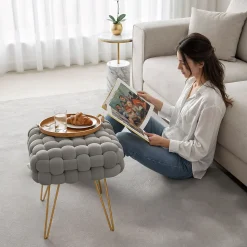Tabouret en velours tressé rembourré 38 cm DOTTY Gris Clair