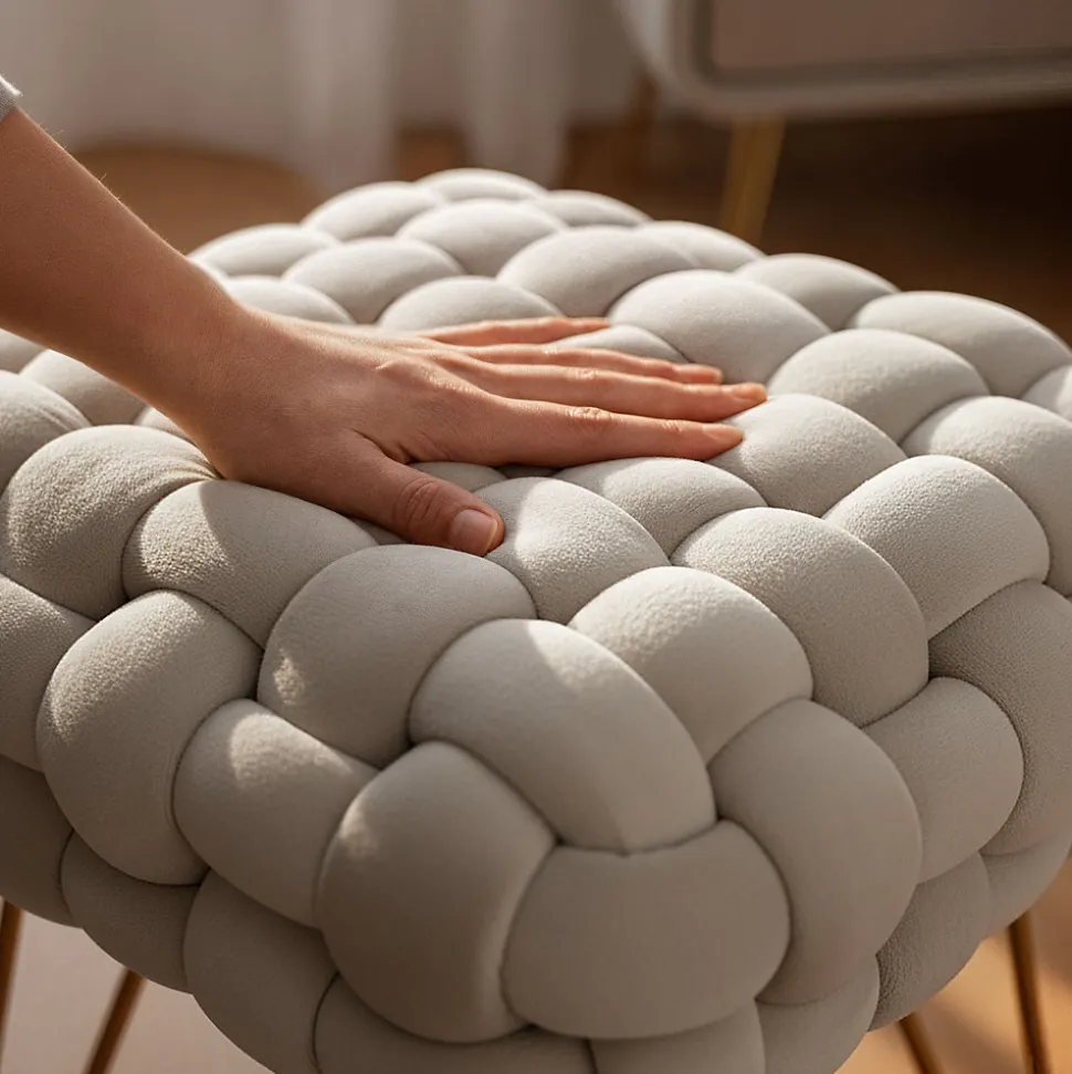 Tabouret en velours tressé rembourré 38 cm DOTTY Crème