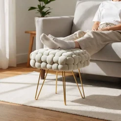 Tabouret en velours tressé rembourré 38 cm DOTTY Crème