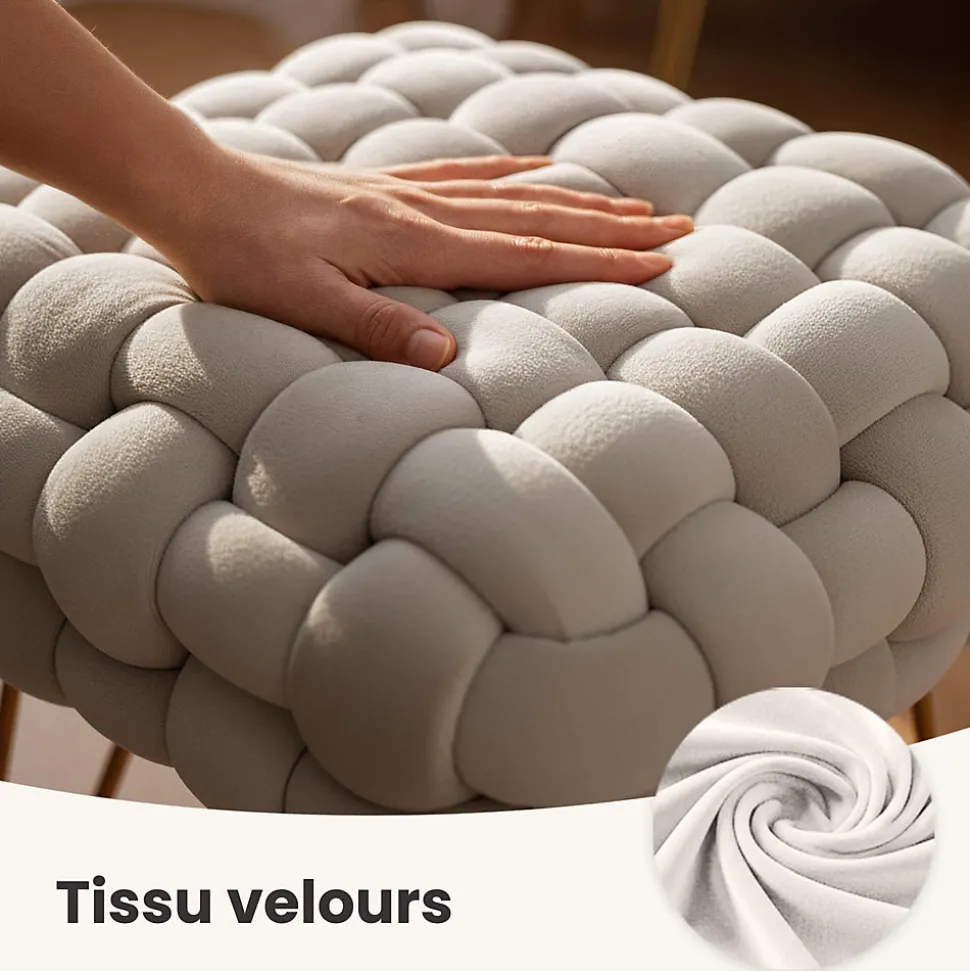 Tabouret en velours tressé rembourré 38 cm DOTTY Crème