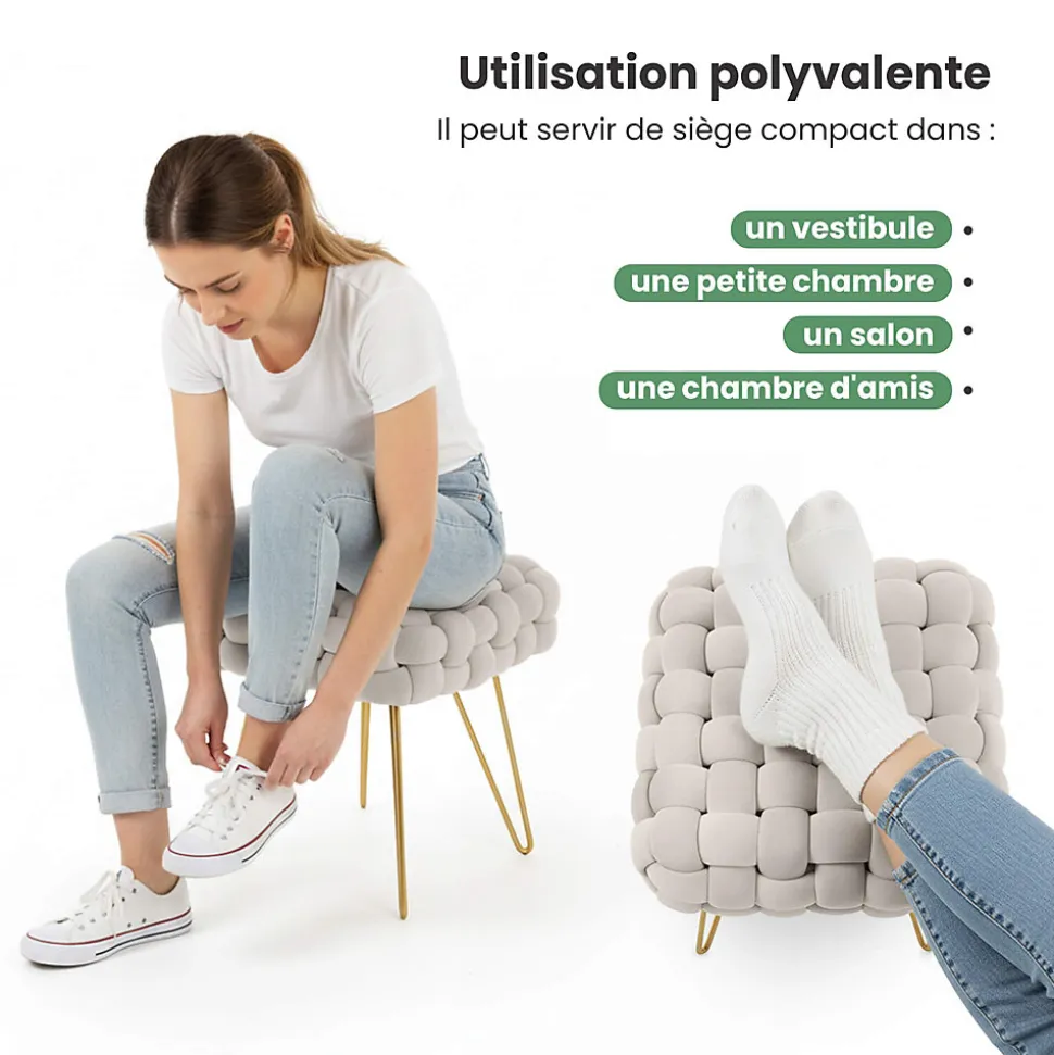 Tabouret en velours tressé rembourré 38 cm DOTTY Crème