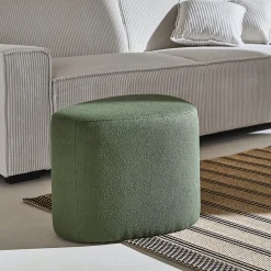 tabouret. pouf en forme de galet en tissu kaki foncé. TAO L 60 x P 44 x H 40cm