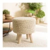 Tabouret rond 40x40cm laine tressée ivoire pieds bois naturel
