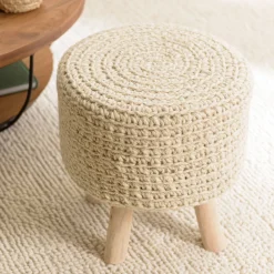 Tabouret rond 40x40cm laine tressée ivoire pieds bois naturel