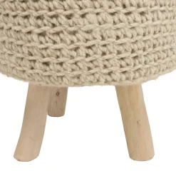 Tabouret rond 40x40cm laine tressée ivoire pieds bois naturel