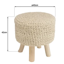 Tabouret rond 40x40cm laine tressée ivoire pieds bois naturel