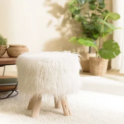Tabouret rond 40x40cm peau de mouton couleur ivoire pieds bois