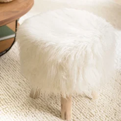 Tabouret rond 40x40cm peau de mouton couleur ivoire pieds bois