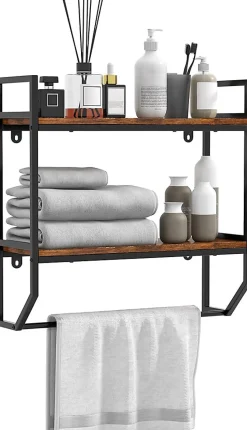 étagère de Rangement Murale, étagère à 2 Niveaux avec Porte-Serviettes, étagère avec Structure en Métal, pour Chambre, Cuisine