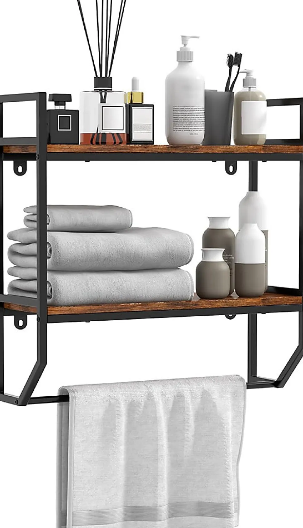 étagère de Rangement Murale, étagère à 2 Niveaux avec Porte-Serviettes, étagère avec Structure en Métal, pour Chambre, Cuisine
