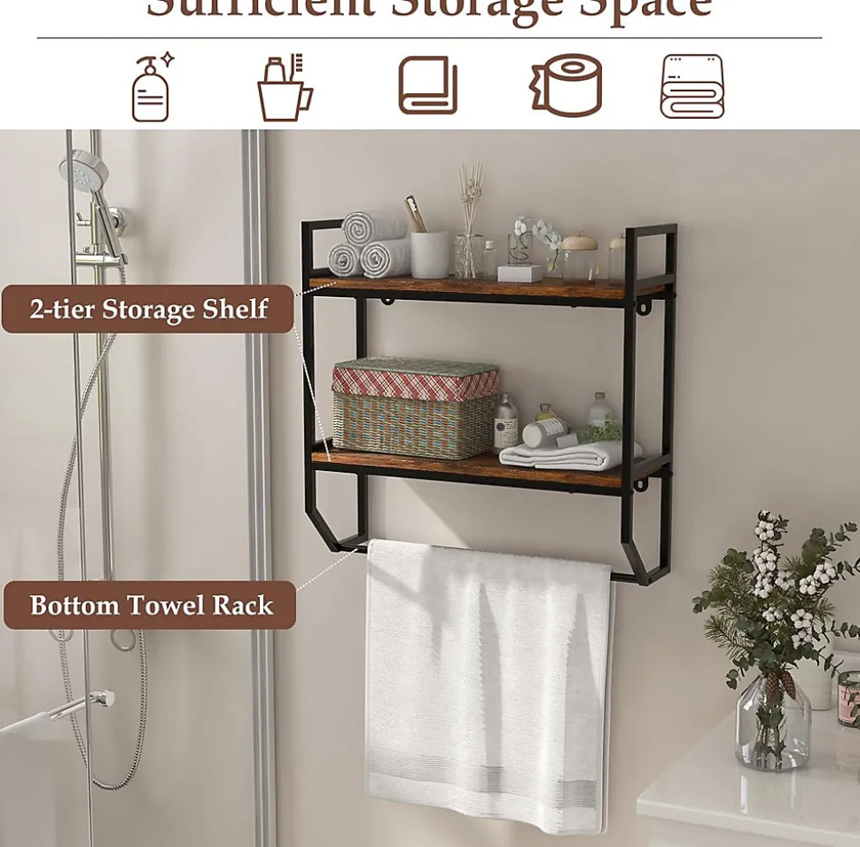 étagère de Rangement Murale, étagère à 2 Niveaux avec Porte-Serviettes, étagère avec Structure en Métal, pour Chambre, Cuisine