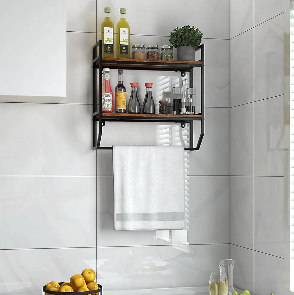 étagère de Rangement Murale, étagère à 2 Niveaux avec Porte-Serviettes, étagère avec Structure en Métal, pour Chambre, Cuisine