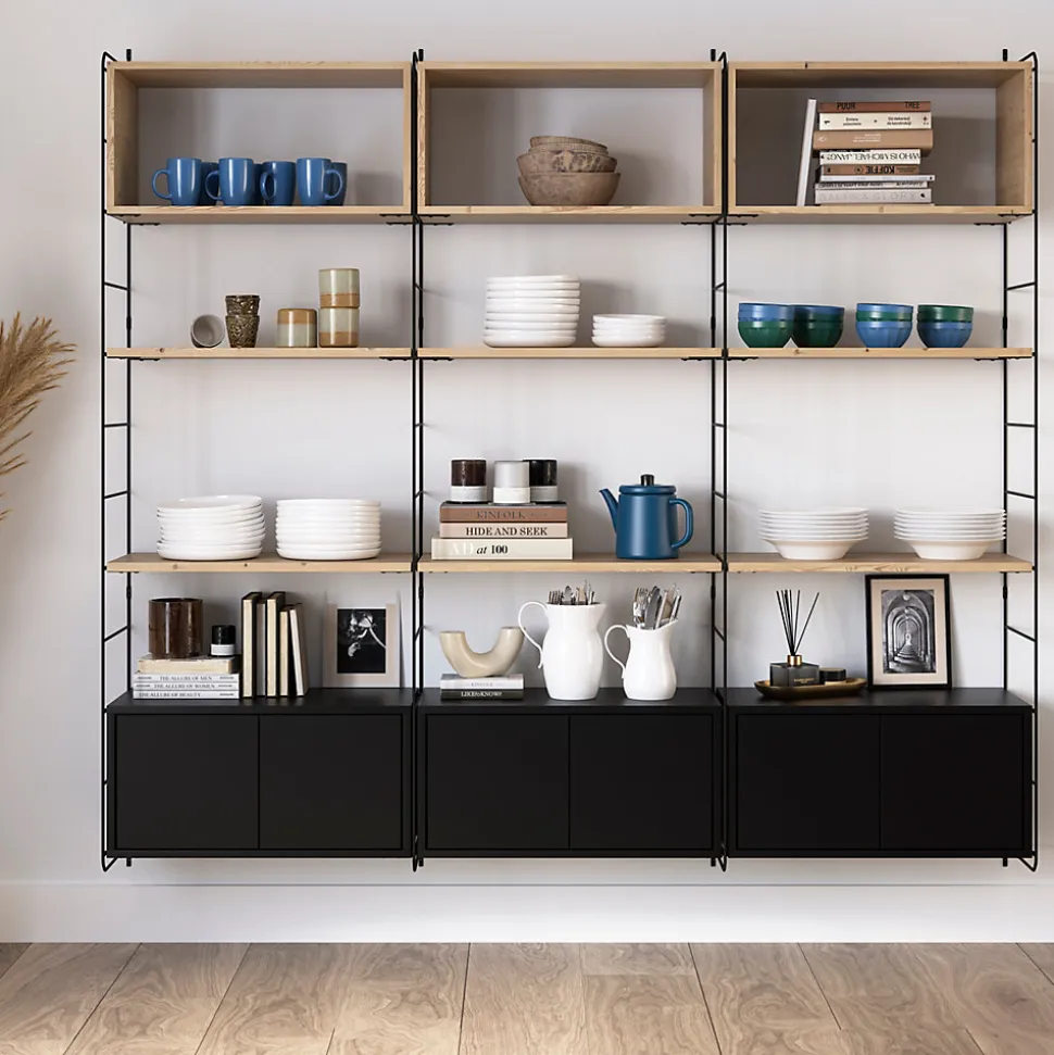Étagère murale modulable avec 6 portes, 3 étagères murales, 6 tablettes et 4 échelles noir et pin massif GoodHome Rigga H. 171,2 x L. 180 x P. 29 cm