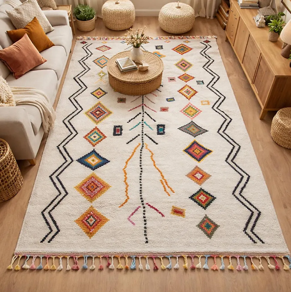 Tapis berbère tissé motif ethnic LYN5 OURIKA E, ivoire