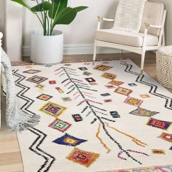 Tapis berbère tissé motif ethnic LYN5 OURIKA E, ivoire