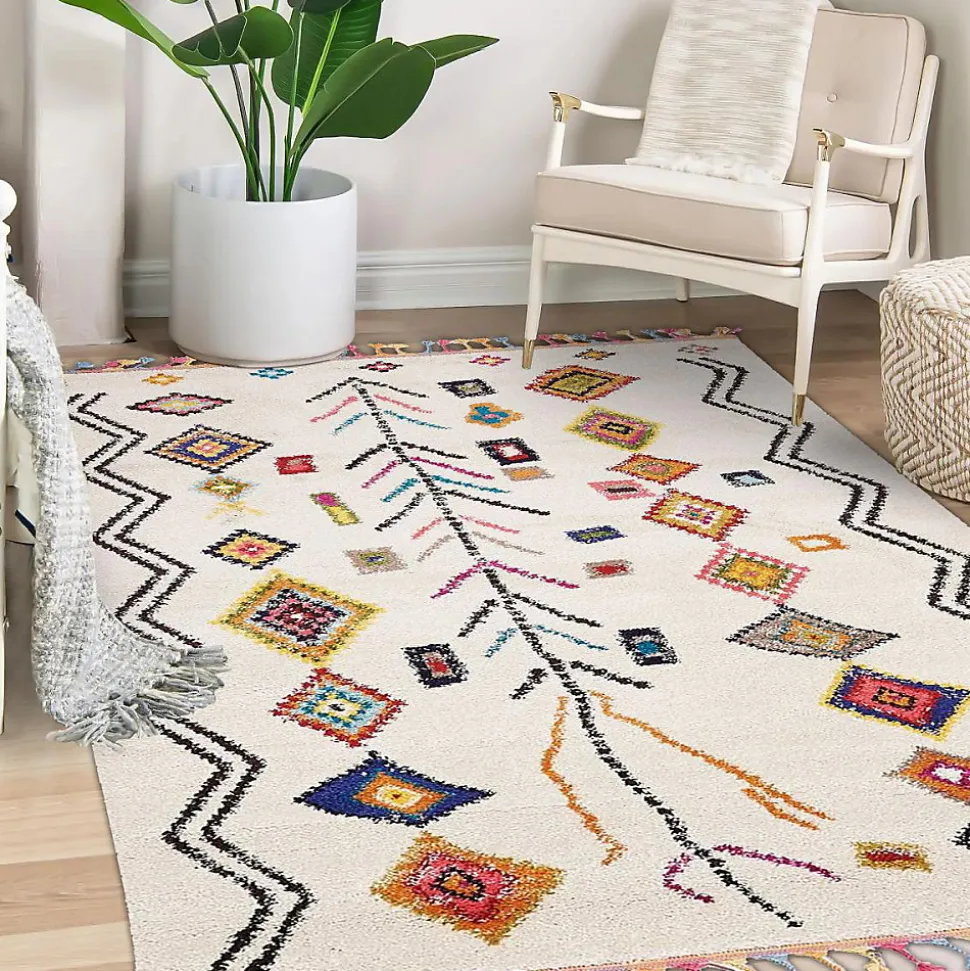 Tapis berbère tissé motif ethnic LYN5 OURIKA E, ivoire