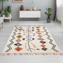 Tapis berbère tissé motif ethnic LYN5 OURIKA E, ivoire