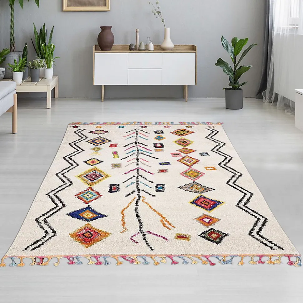 Tapis berbère tissé motif ethnic LYN5 OURIKA E, ivoire