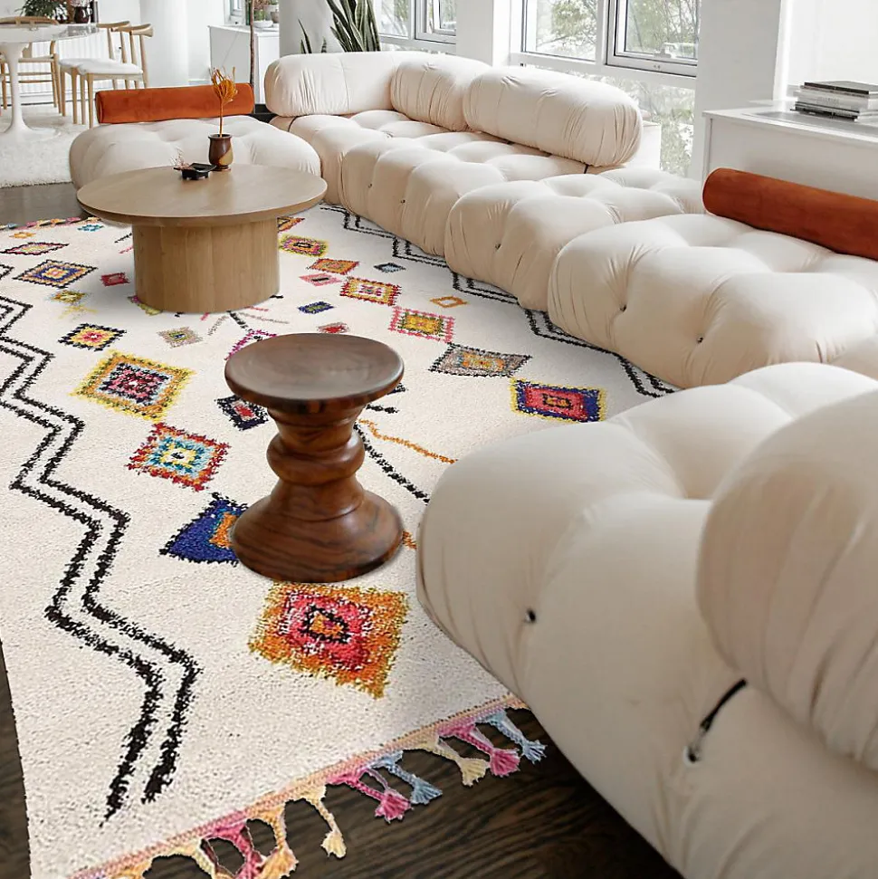 Tapis berbère tissé motif ethnic LYN5 OURIKA E, ivoire