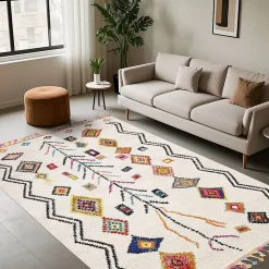 Tapis berbère tissé motif ethnic LYN5 OURIKA E, ivoire