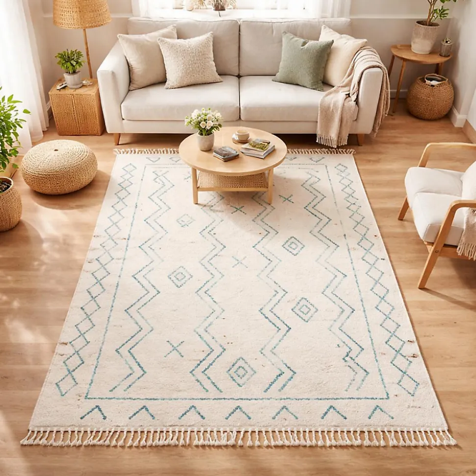 Tapis berbère tissé motif ethnic LYN5 MADIDA, crème, turquoise