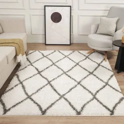 Tapis berbère tissé motif ethnic LYN4 BENYLE A, crème, gris foncé