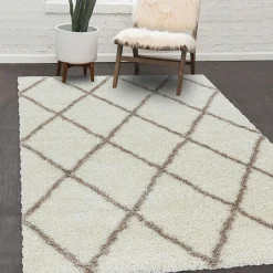 Tapis berbère tissé motif losange SHAGGY A, Crème
