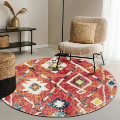 Tapis berbère tissé motifs tribaux LYN5 OURIKA B, bleu, jaune, rose, orange, blanc