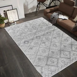 Tapis berbère tissé motifs tribaux SAUTUL, crème, gris