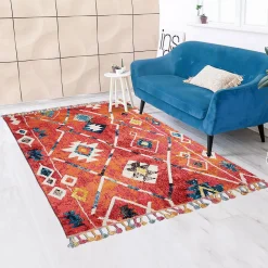Tapis berbère tissé motifs tribaux LYN5 OURIKA B, bleu, jaune, rose, orange, blanc