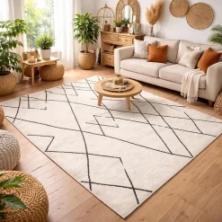 Tapis berbère tissé motifs tribaux NALADON, crème, noir