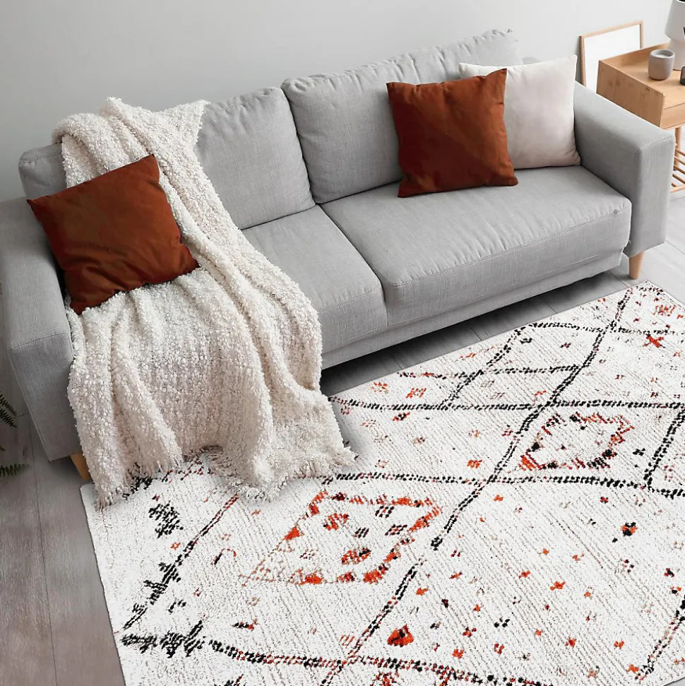 Tapis berbère tissé motifs tribaux LYN8 MORA, Crème, orange, noir