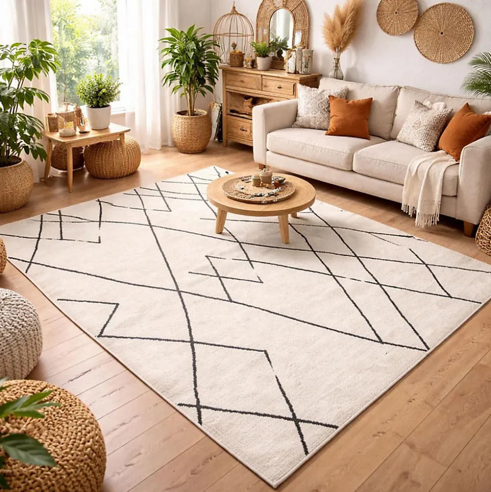 Tapis berbère tissé motifs tribaux NALADON, crème, noir