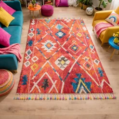 Tapis berbère tissé motifs tribaux LYN5 OURIKA B, bleu, jaune, rose, orange, blanc