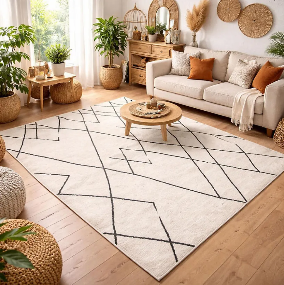 Tapis berbère tissé motifs tribaux NALADON, crème, noir