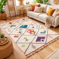 Tapis berbère tissé motifs tribaux LYN5 OURIKA C, blanc