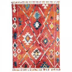 Tapis berbère tissé motifs tribaux LYN5 OURIKA B, bleu, jaune, rose, orange, blanc