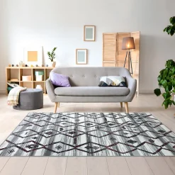 Tapis chambre tissé motif berbère LYN1 LABER, gris, noir, blanc