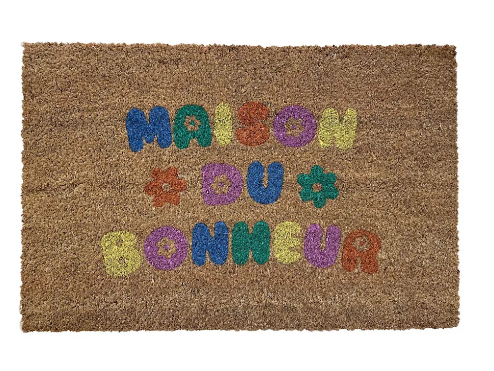 Tapis d'entrée antidérapant en fibre de coco " maison du bonheur " multicouleurs L.60 x l.40cm